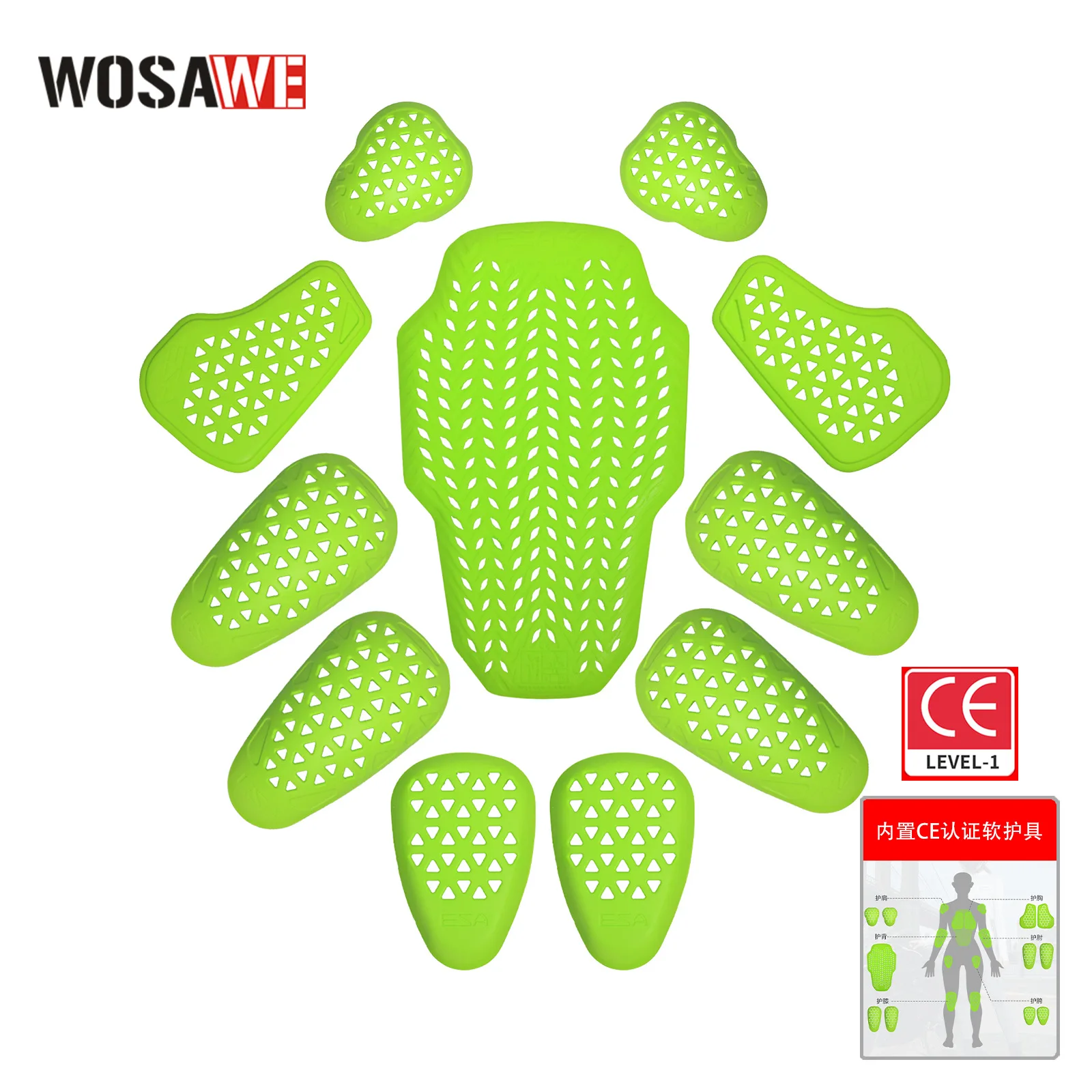 WOSAWE 아웃도어 스포츠 오토바이 소프트 쿠셔닝 충격 방지 탈부착 가능 슬로우 리바운드 CE 소프트 보호 장비 세트