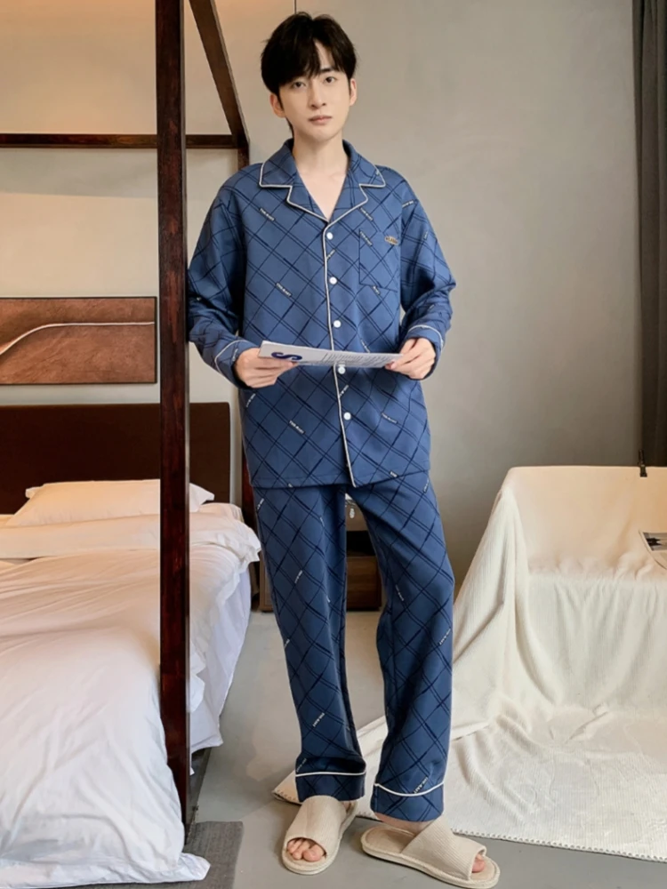 Spring Autumn Men's Pure Cotton Pajamas Long Sleeve Cardigan Pants Oversized Comfortable Casual Home Clothing Set