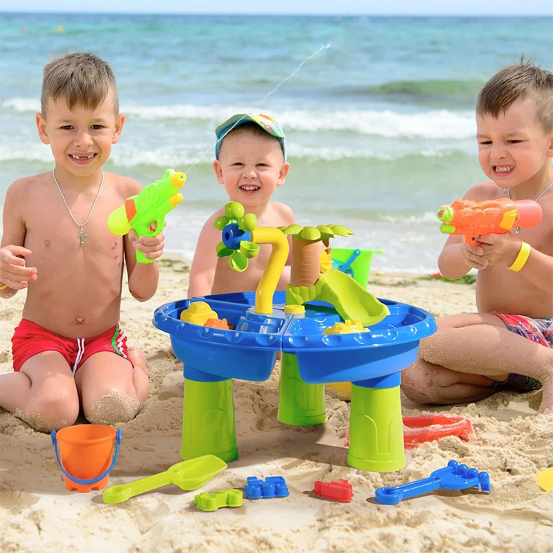 Kids Sand Water Table for Toddlers Age 1-3, 22PCS 3 in 1 Beach Summer Toys Sandbox Table for Outdoor Activity 3
