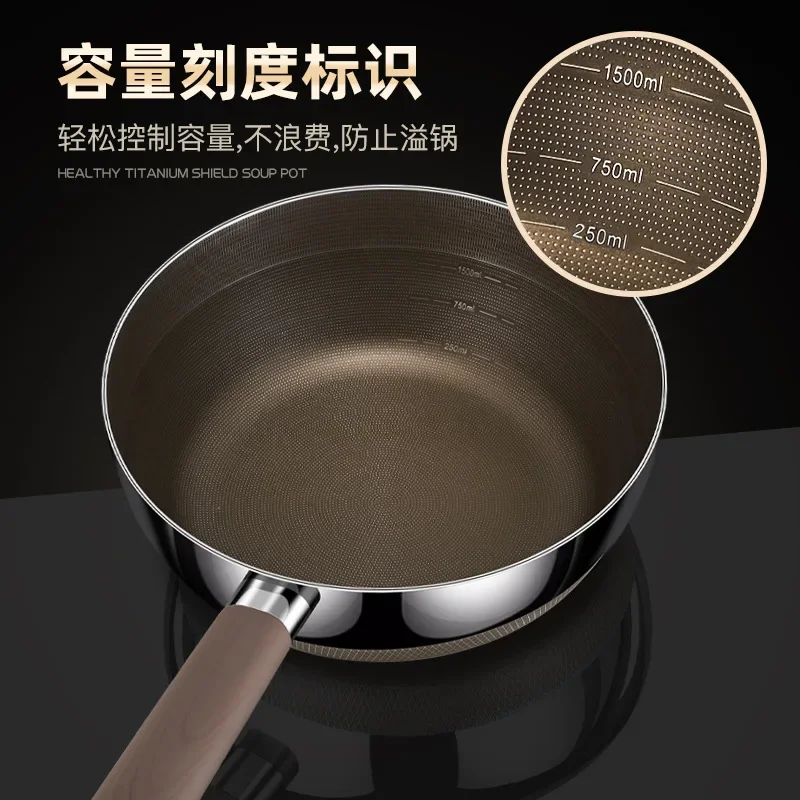Titanium uncoated non-stick pan, snow pan, 316 stainless steel milk pan for household gas induction cooker