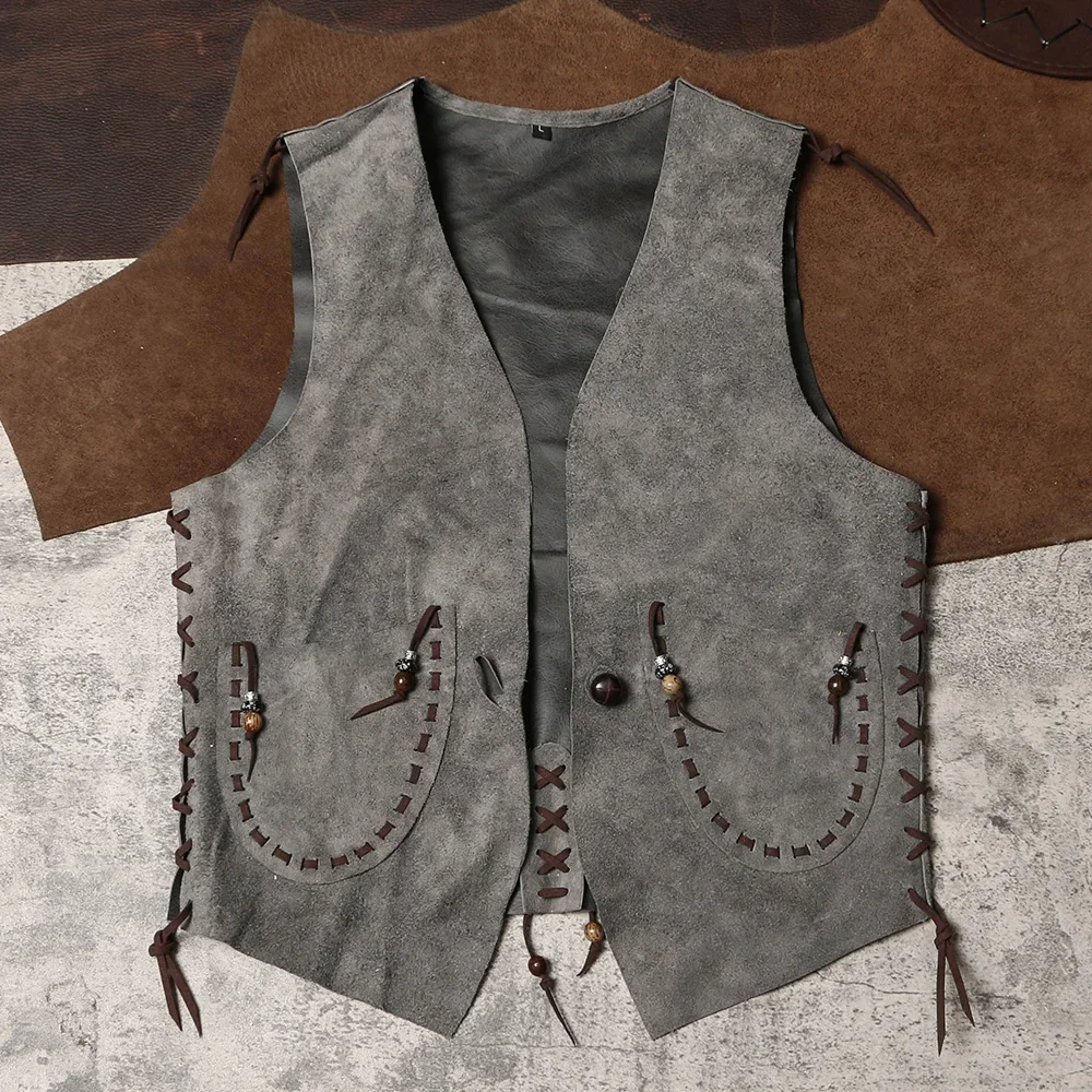 

Horse Riding Genuine Leather Vest Handmade Collarless Cowhide Vest From The Middle Ancient Western Tribe Wearing Leather Kam