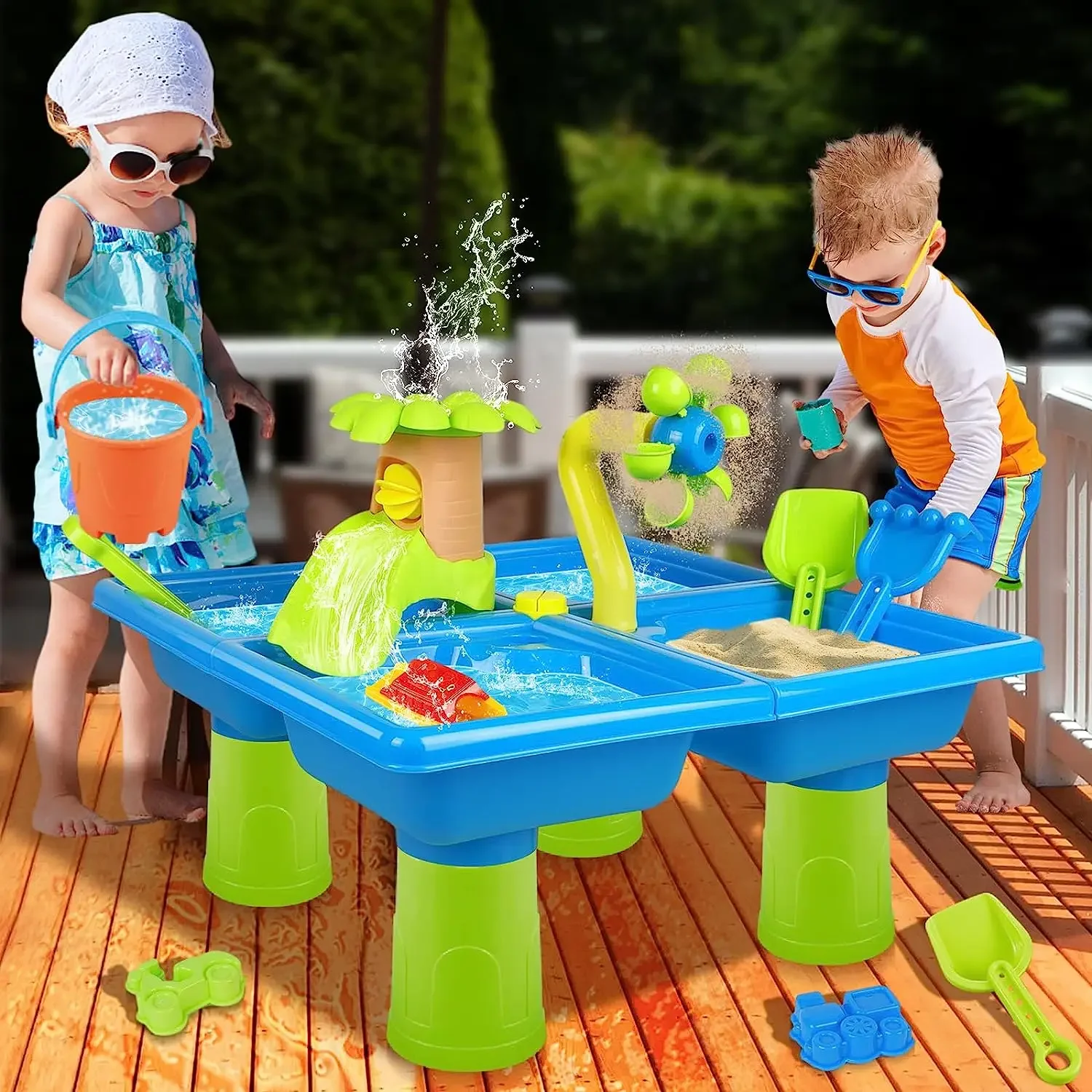 Water Table for Toddlers 4 in 1 Kids Portable Water Play Table Beach Toys 24PCS Sensory Activity Splash Table Toys for Children 3