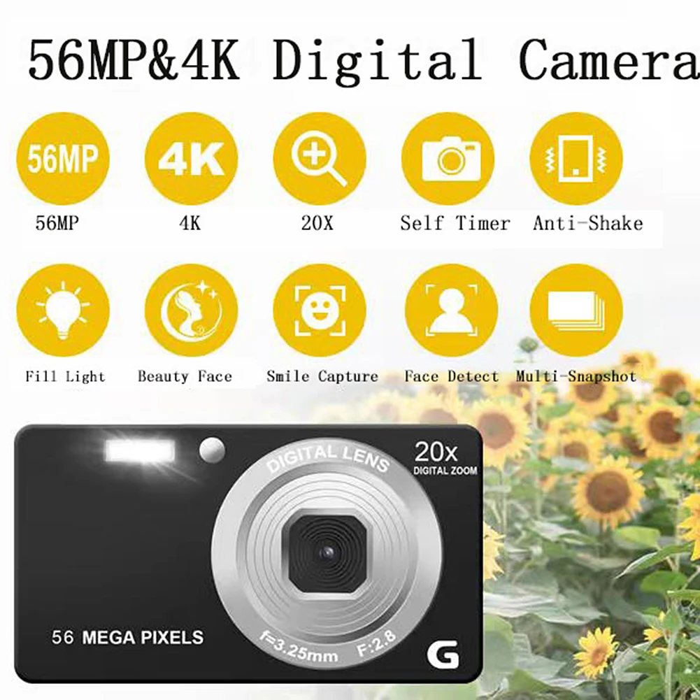 HD 디지털 비디오 카메라, 사진 및 비디오용 손떨림 방지, LCD 셀프 타이머, 4K, 56MP, 5 천 6 백만 픽셀, 2.7 인치