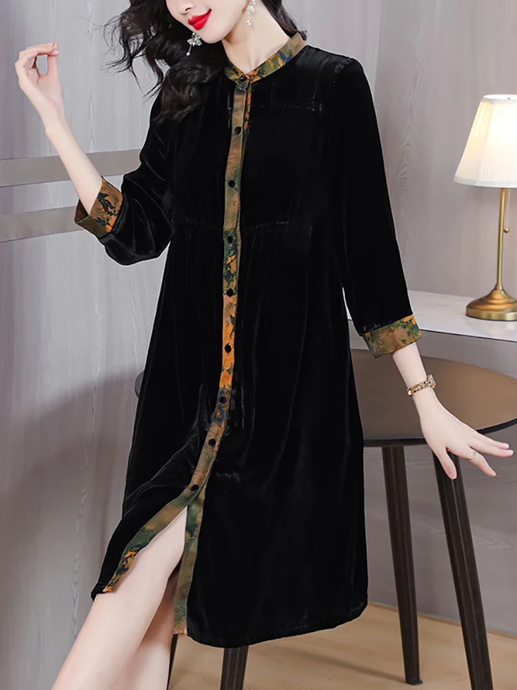 2024 Black Velvet Long Sleeve Cardigan Long Dress Autumn Winter Korean  Vintage Hepburn Dress Women Elegant Party Evening Dresses - AliExpress