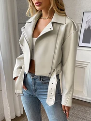 Ailegogo Women's Faux Leather Belted Motorcycle Jacket - Zipper Lapel Loose Fit - S (Beige)