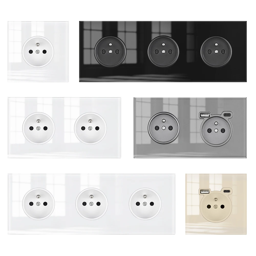 SRAN French Electrical Outlet Fully covered Glass socket panel,16A 230V 82mm Wall Usb c socket 5v 2a