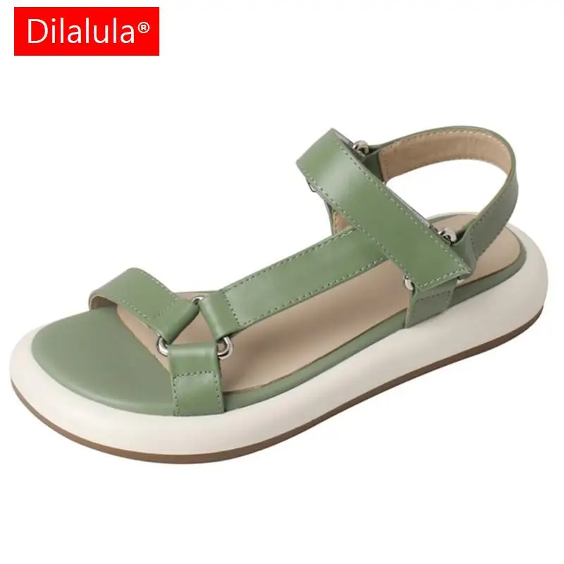 

Dilalula Summer Fashion Women Sandals High Quality Genuine Leather Metal Decoration Flats Platforms Working Casual Shoes Woman