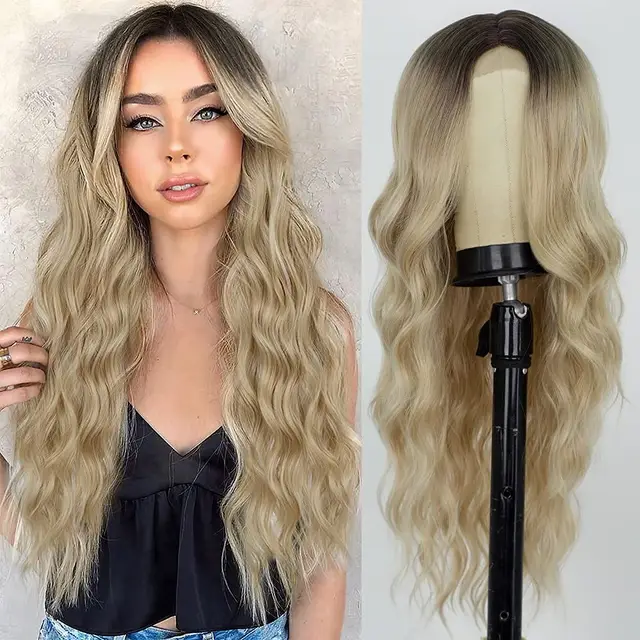 Synthetic Lace  Wigs For  Women  Middle Parting  26inch Long Wavy Hair Cosplay/Daily  3 Color optional   High Temperature Fiber 221-GX2396-R41660