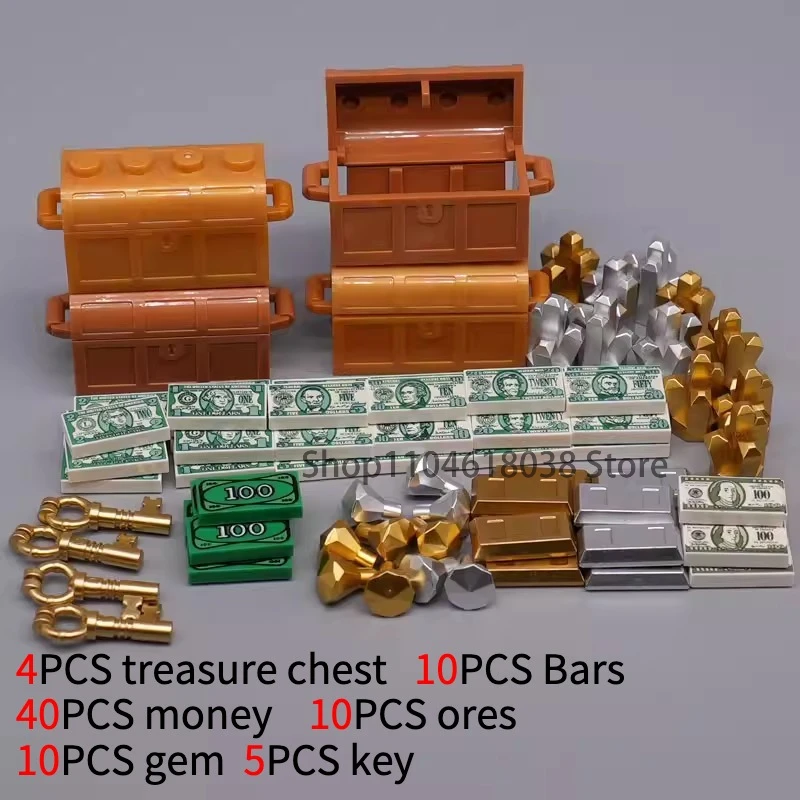 MOC Charakter-Szenen-Bausteine Zubehör Schatztruhen Gold- und Silbererze Diamanten Dollar-Boxen Schlüssel Spielzeug Geschenk-Bausteine