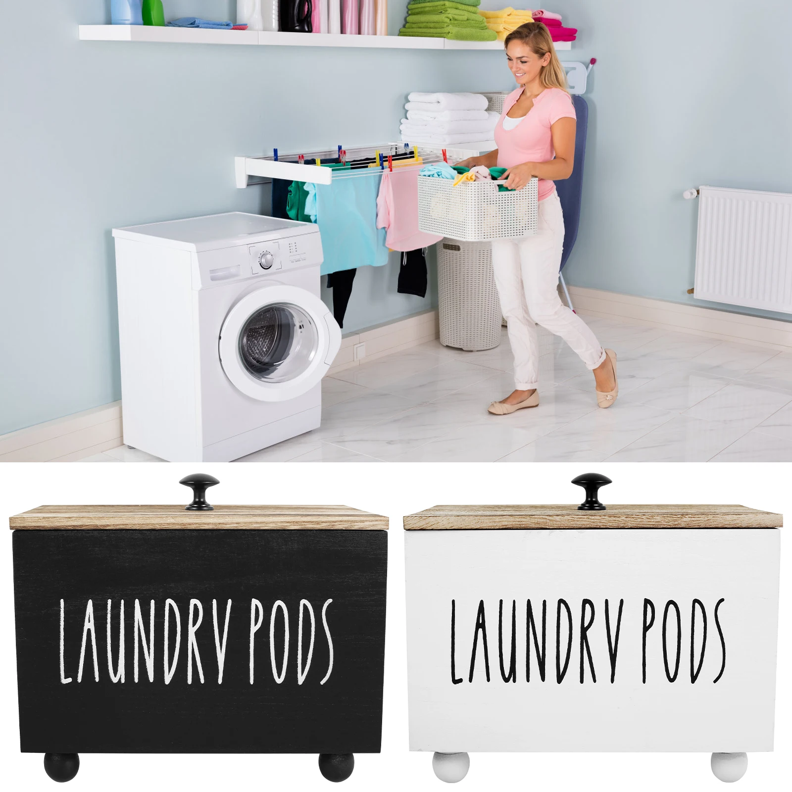 Description Picture 4 of itemLaundry Pods Container Wooden Dishwasher Storage Box Washing Capsules Holder with Lid Multipurpose Dryer Sheet Container