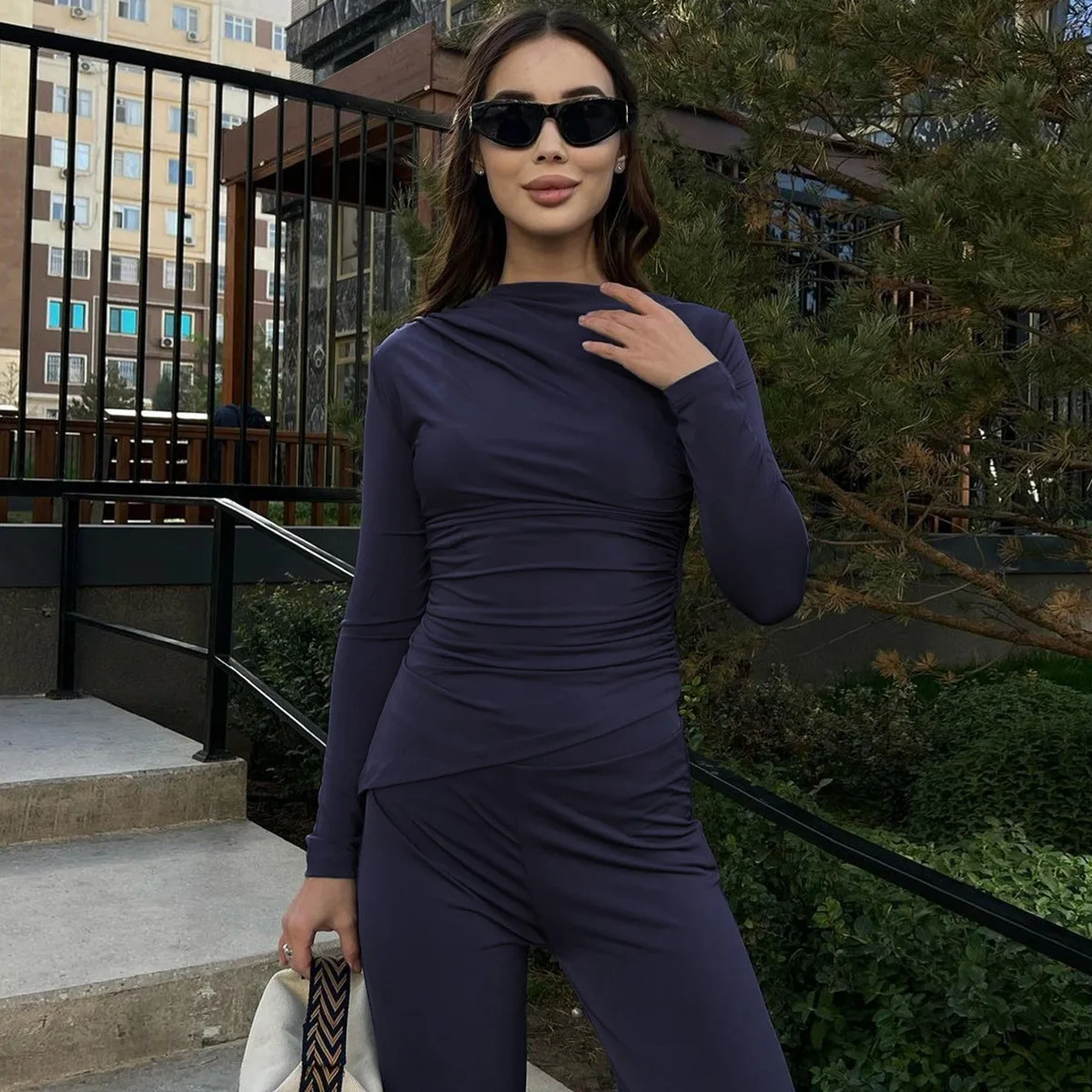 Fashion Autumn 2 Piece-Set Female Flared Pants Streetwear Slim Pleated Long Sleeve Casual Outfits Women's Pants Sets