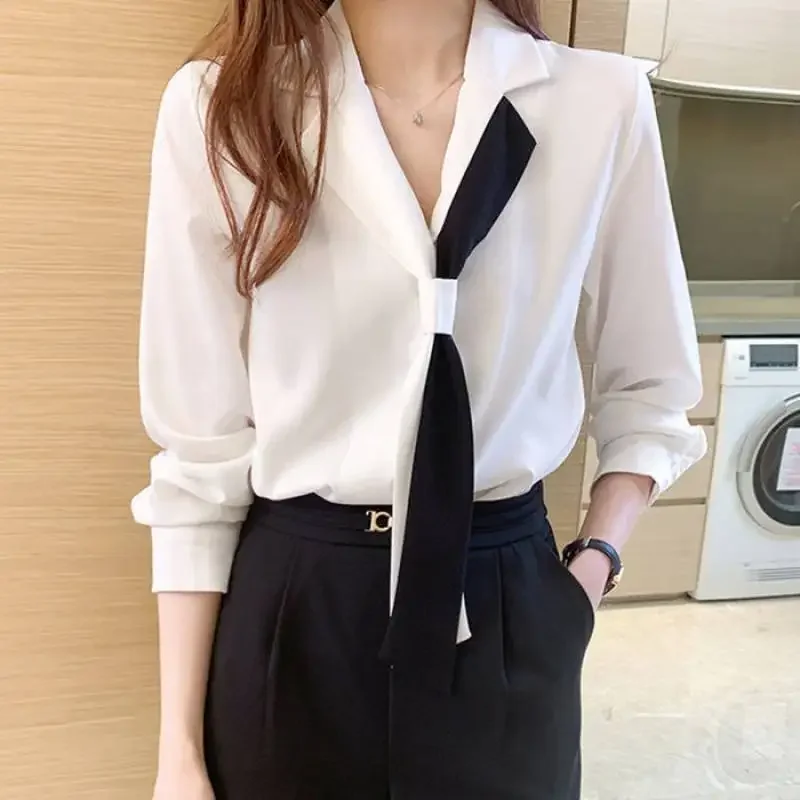 

White Blouse Women Spring Autumn Fashion Patchwork Bow Tie Long Sleeve Business Blouse Office Lady Elegant Chic Work Shirts Tops
