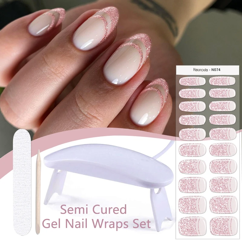 Harunouta 4pcs/set French Semi Cured Gel Nail Strips with Nail Lamp Gel Nail Polish Nail Stickers Fake Nails Manicure Decoration 3