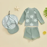 Cute Children Boys Rash Guard Swimwear Kids Bathing Suit Summer Long Sleeve Turtle Print T-shirt with Shorts and Hat Swimwear 3