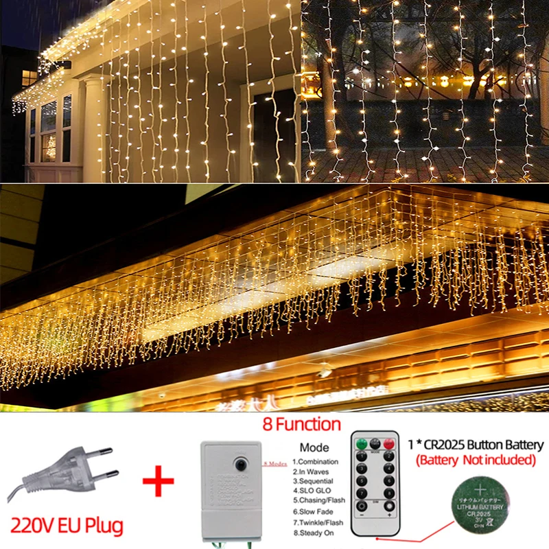 thumbnail image 1 of Guirnalda de luces LED navideñas para exteriores, guirnalda de luces de calle, cortina de luces de hadas de 3 a 20 m para bodas, patios, fiestas, decoración de Año Nuevo, 1 of 5