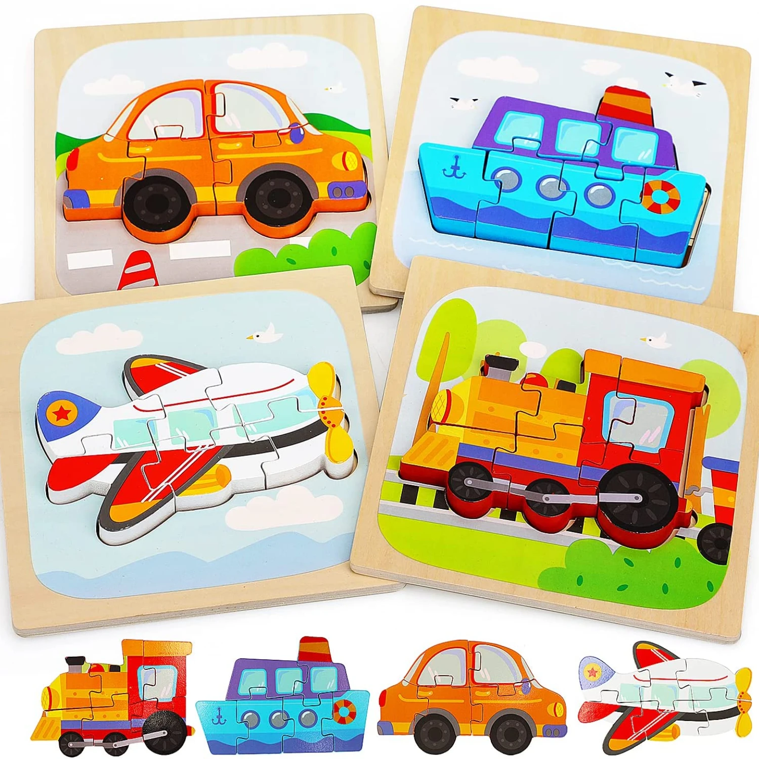

4 Pack Traffic Shape Wooden Puzzles for Toddlers Montessori Jigsaw Puzzles Early Learning Preschool Gift for 1 2 3 Years Old Boy