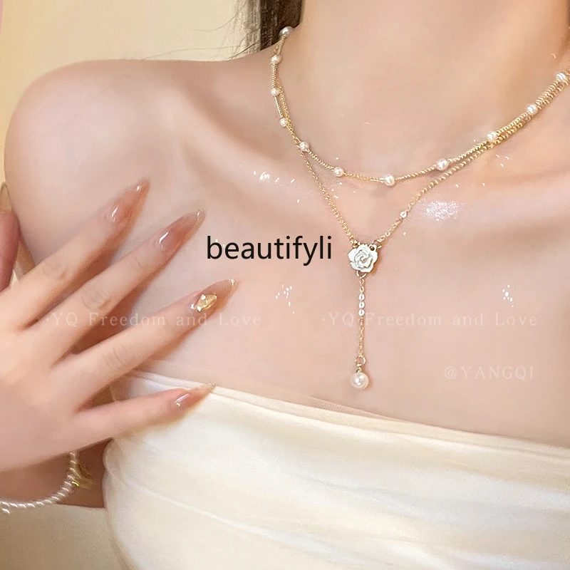 Camellia Double-Layer Pearl Necklace Exquisite Light Luxury Minority Clavicle Chain Advanced Sense Temperamental Bracelet