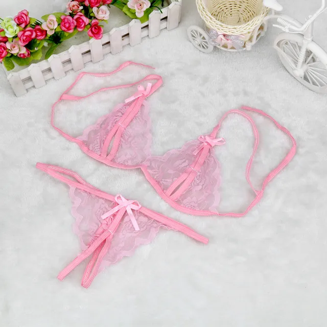 Women's Sexy Lingerie Suit Temptation Embroidery Sheer Intimates Female Lace Up Push Up Bras And Thong Set Sexy Erotic Pajamas 2