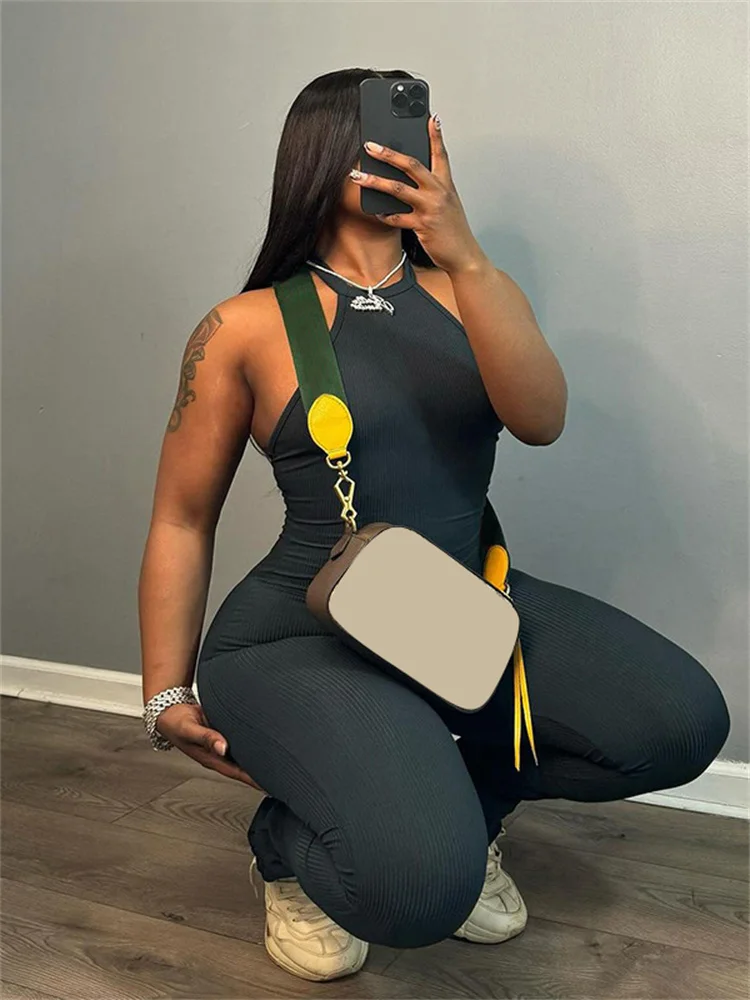 Simenual Casual Solid High Waist Skinny Jumpsuits Women Sexy Backless Halter One-Piece Outfits Y2K Sporty  Basic Jumpsuit 2024
