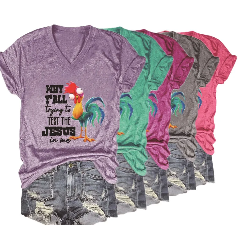 

Fashion Trendy Creative Letter Rooster Pattern Women Cotton Round Neck Short Sleeve T-shirt Casual Loose Women Tops