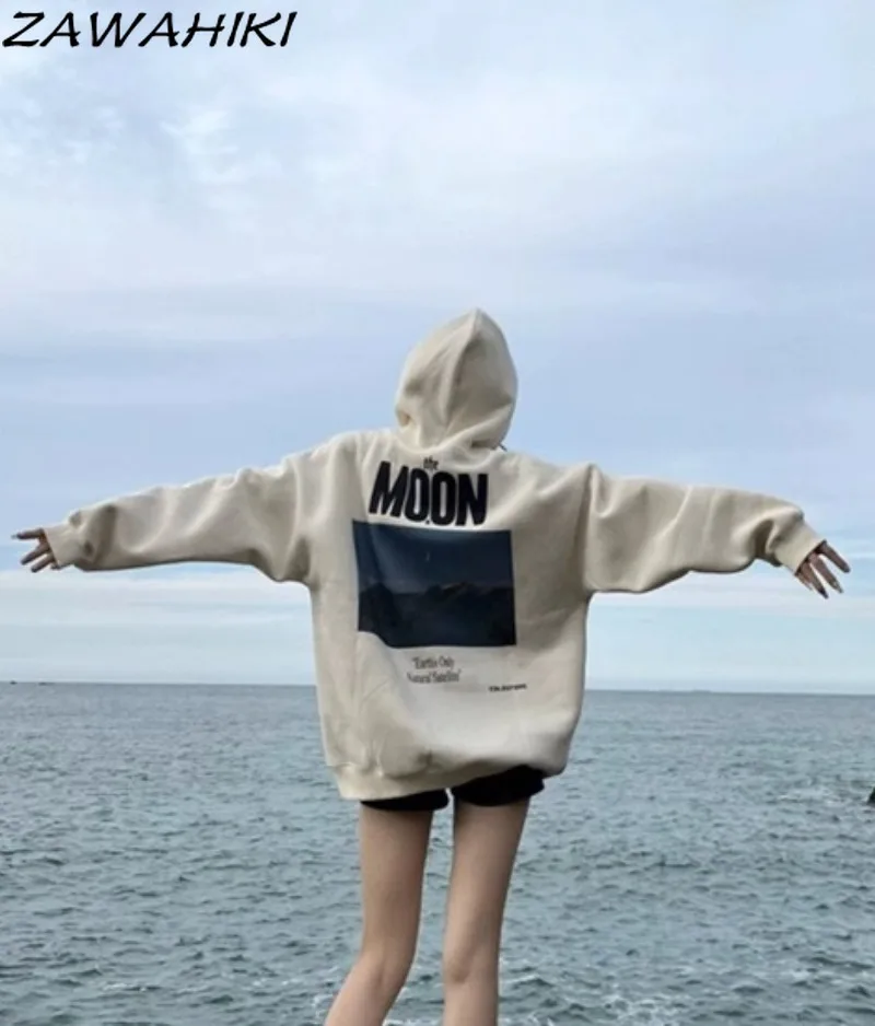 

Spring Autumn Loose Cotton Long Sleeve Hoodies Women Korean American Retro Letter Graphic Print Casual Streetwear Sweatshirt