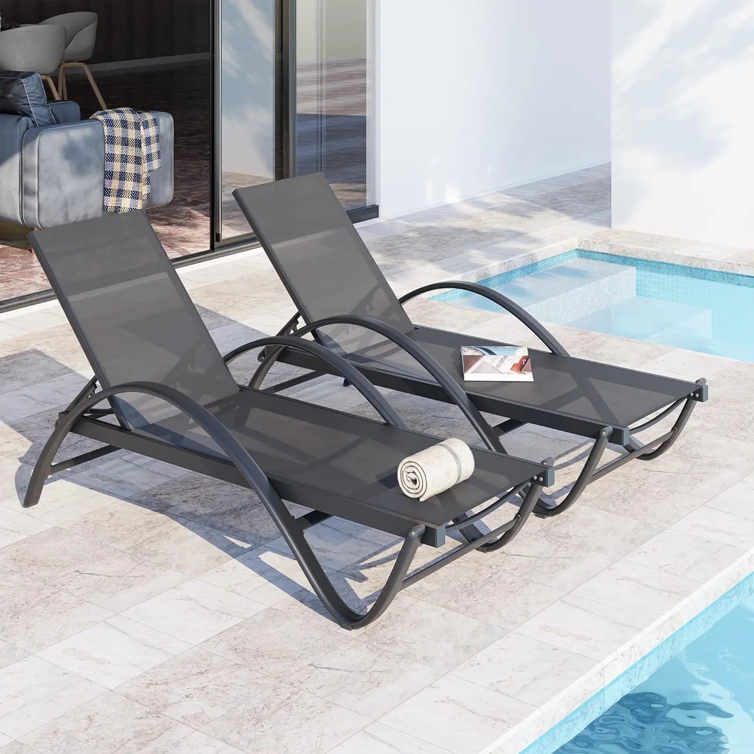 

2PCS Patio Outdoor Lounge Chaise with Wheels, Aluminum Patio Lounge Chair with 5-Position Adjustable Positions,Dark Grey