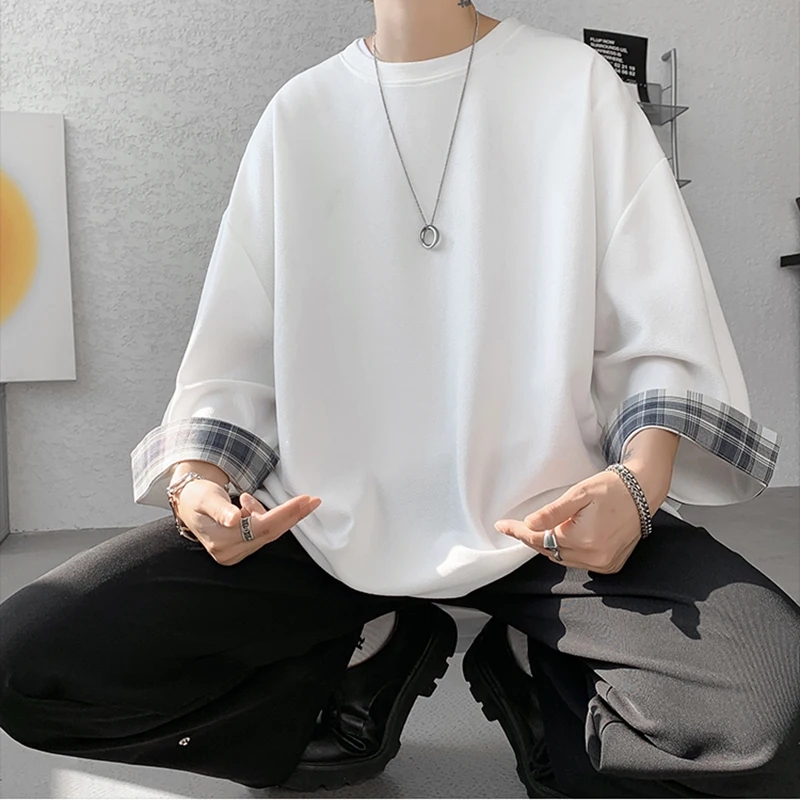 남성 티셔츠 여름 남성용 티셔츠 여성용 오버사이즈 2XL 한국 스타일 루즈 체크무늬 티셔츠 캐주얼 7부 소매 티셔츠 남성용 흰색