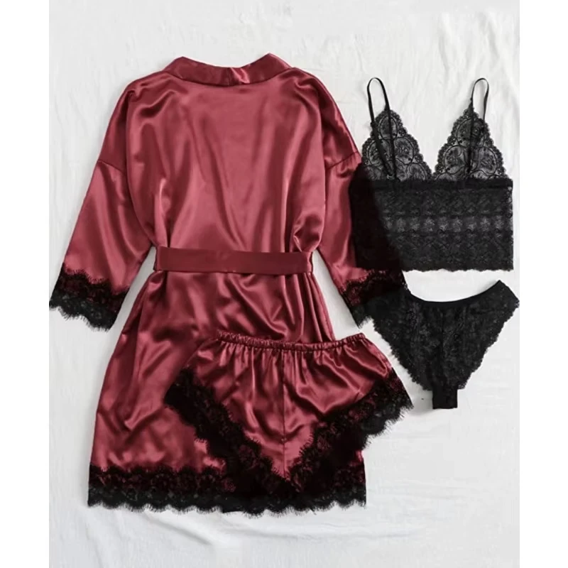 Women Pajamas Set 4 Pieces Summer Sexy Pajama Pants Lace Satin Silk Sleepwear Robe Nightwear