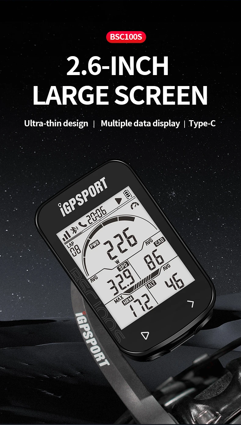 BCS100S Bike Computer BLE ANT+ 2.6 Inch IPX7 Type-C 40H Battery Life Auto Backli