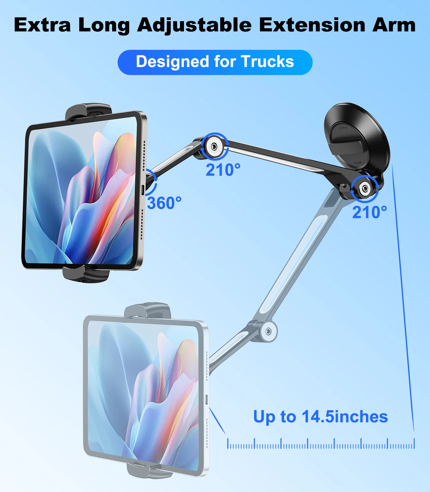 Eary Long Extension Arm Car Tablet Holder Phone Stand Strongest Suction Cup With 360°Rotate Universal for iPad 4.7-12.9" Inches