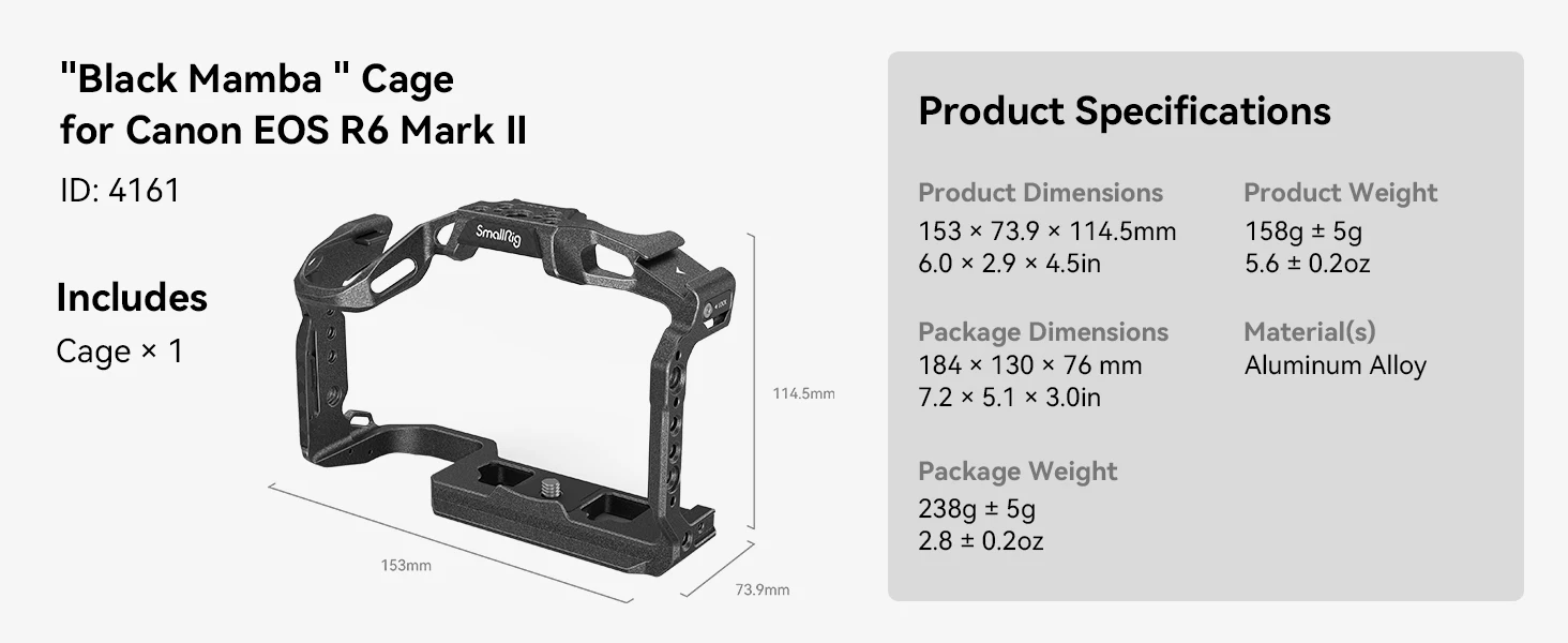 “Black Mamba” Camera Cage for Canon EOS R6 Mark II Built-in Arca-Swiss Quick Rel