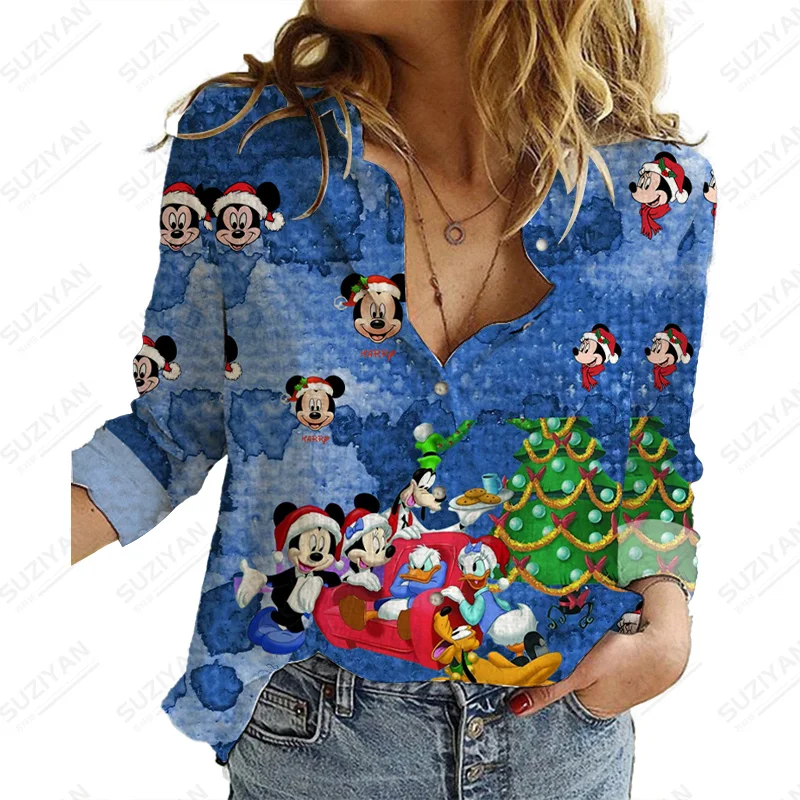 

Женская блузка с отложным воротником, элегантная повседневная рубашка с изображением Диснея рождественского Микки Мауса