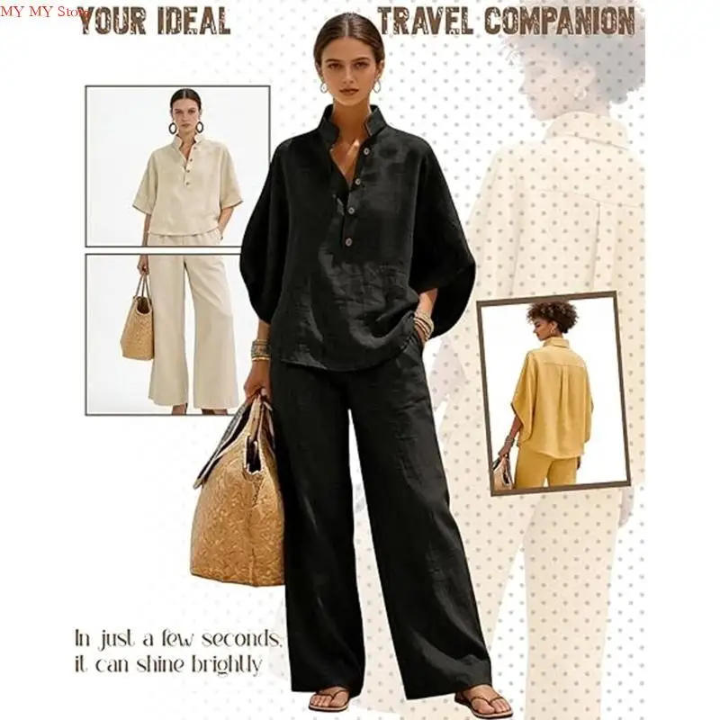 Two Piece Set for Women Spring Outfits 2026 Summer Fashion Casual Button Down Shirt Wide Leg Pants Lounges Set