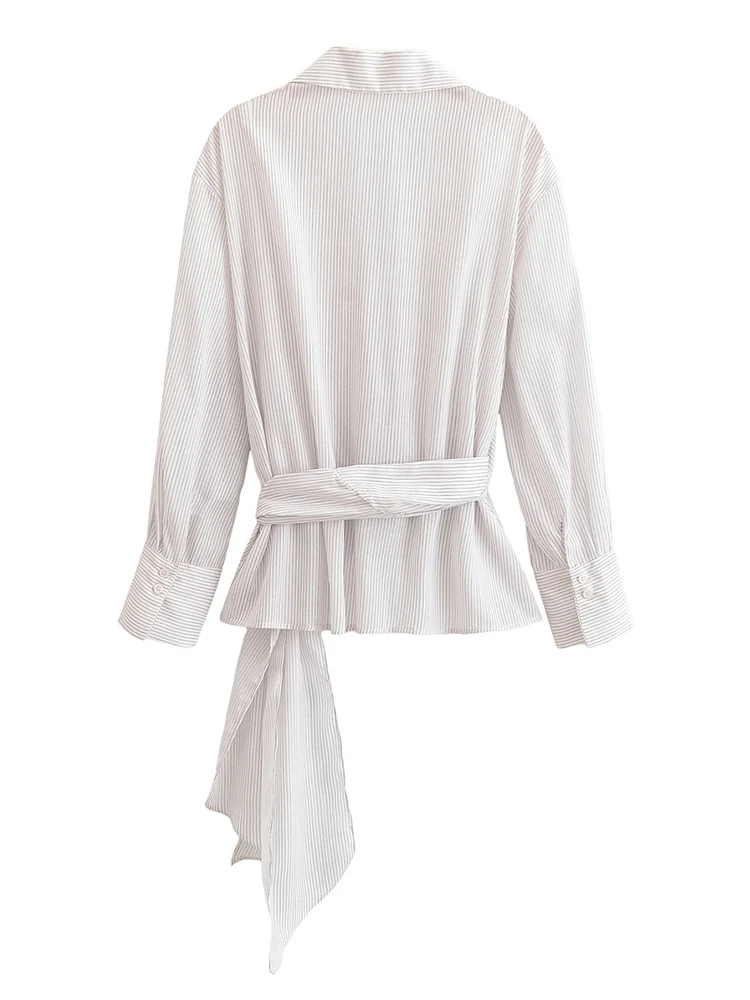 Fashion Bow Tied Lace Up Shirts For Women 2025 Chic Long Sleeve Blouse Woman Elegant V Neck Shirts Female Striped Shirts