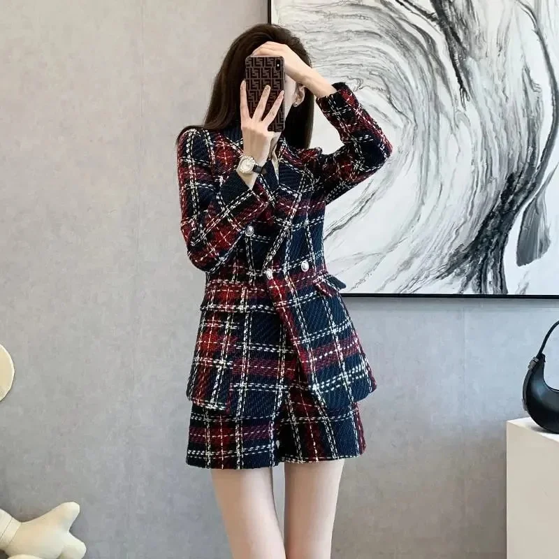 Skirt Sets Casual Suit Female 2025 Autumn Winter New Net Red Popular Plaid Small Suit Shorts Two-Piece Female Button Commute