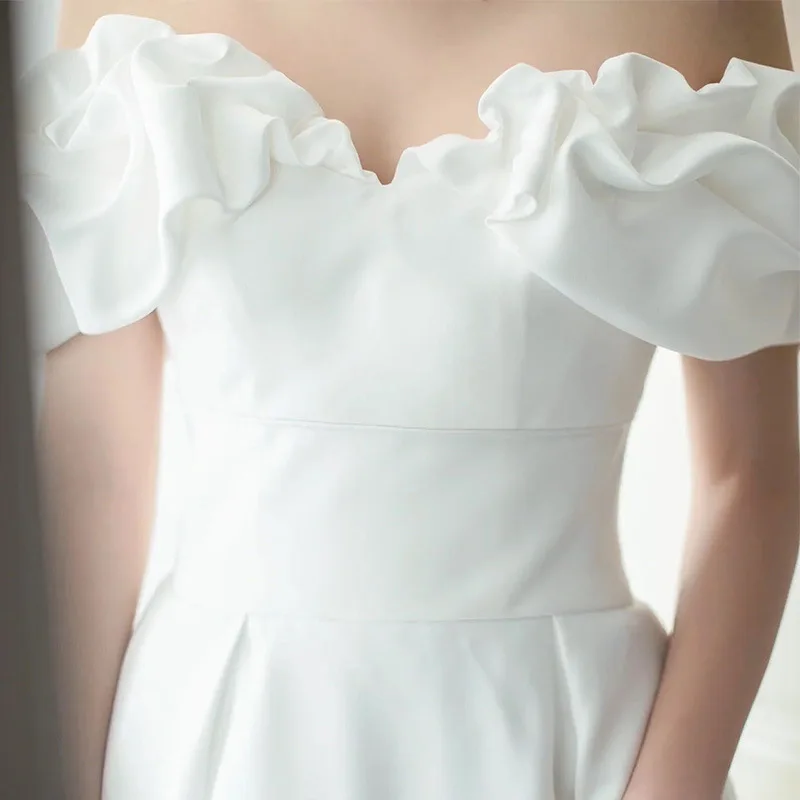 Elegant Boat Neck Satin Wedding Dresses New Simple A Line Bridal Dress Classic Long Robe De Marie Plus Size Customized 4