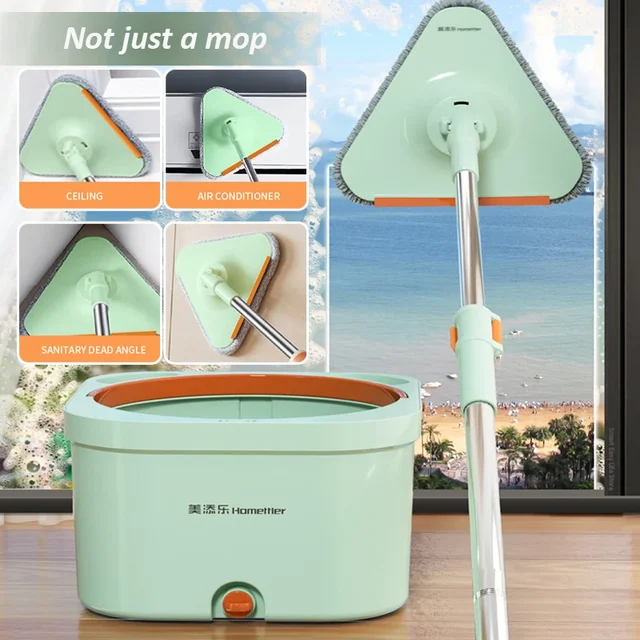 스핀 버킷 세트가 있는 극세사 걸레와 함께 제공되는 자동 물 분리 바닥 세척 걸레, 삼각형 걸레 회전 360 창 와이퍼 도구