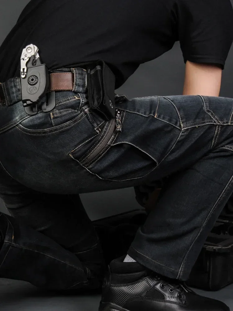 Trend Tactical Cargo Jeans Men Casual Hiking Hunting Denim Pants Straight Elastic Stretch Fabric Trousers Streetwear Clothing