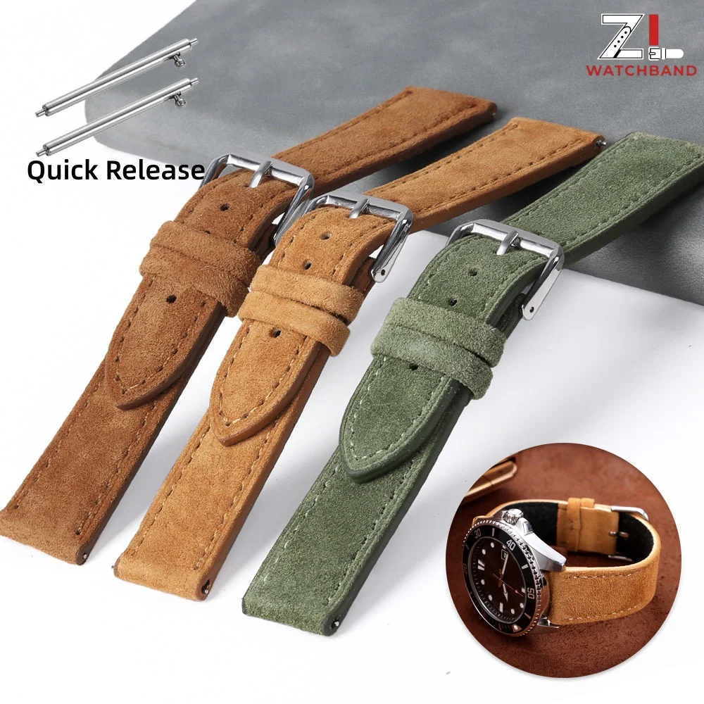 Vintage Handmade Suede Leather Watchband with Stitching Details