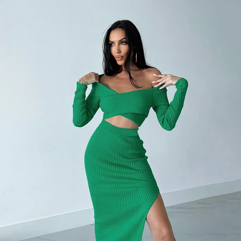 Crop Tops Sexy Ribbed 2 Piece Skirt Sets Women Outfits Fall Criss Cross Off Shoulder Top Maxi Elegant Casual Slit Long Dress
