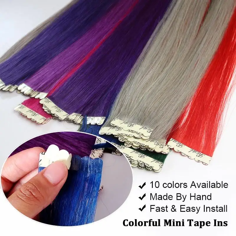 Colorful Tape Ins Adding Highlights Tape In Human Hair Extensions Mini In Extensions PINK PURPLE Double-Side Adhesive 2g/pc