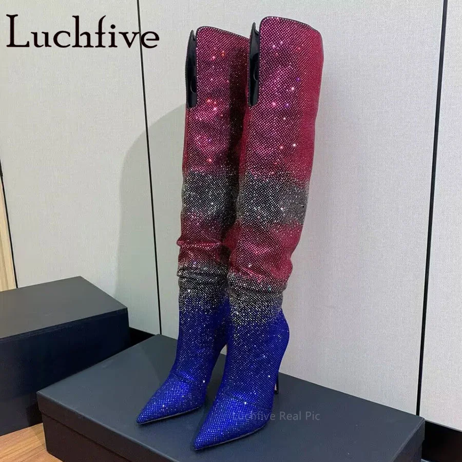 

Sexy Rainbow Color Glittery Long Boots Brand Pointed Toe Thin High Heels Over Knee Boots Sexy Runway T-show Party Shoes