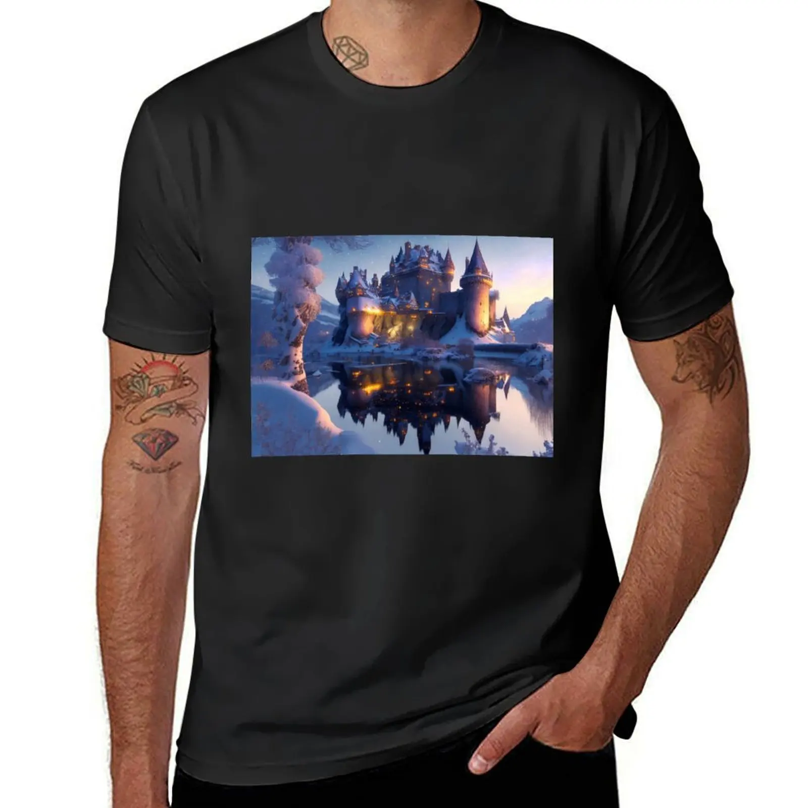 

Castle in winter evening T-Shirt oversizeds anime plain t shirts men