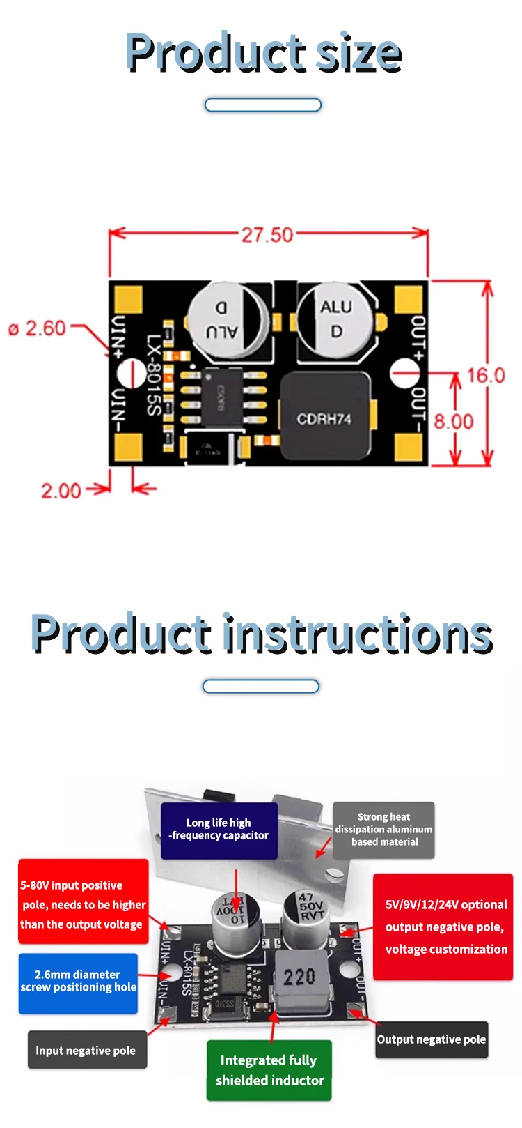 Mini DC-DC einstellbares Buck-Leistungsmodul, Eingang 5–80 V bis 5 V–24 V, Ausgangsleistung, Aluminiumsubstratmodul für Solarenergie-Schaltung – Detail 2