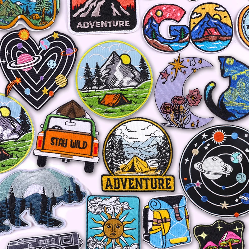 Adventure, mountain, and celestial embroidered iron-on patches – camping, nature, and space-themed DIY patches