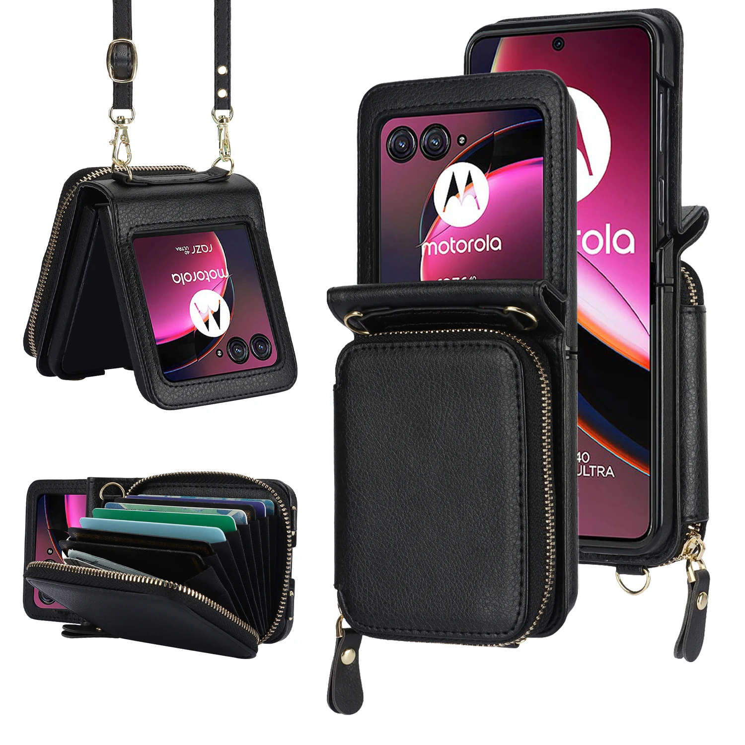 Crossbody Zipper Card Slot Leather Wallet Case with Long Lanyard and RFID Protection
