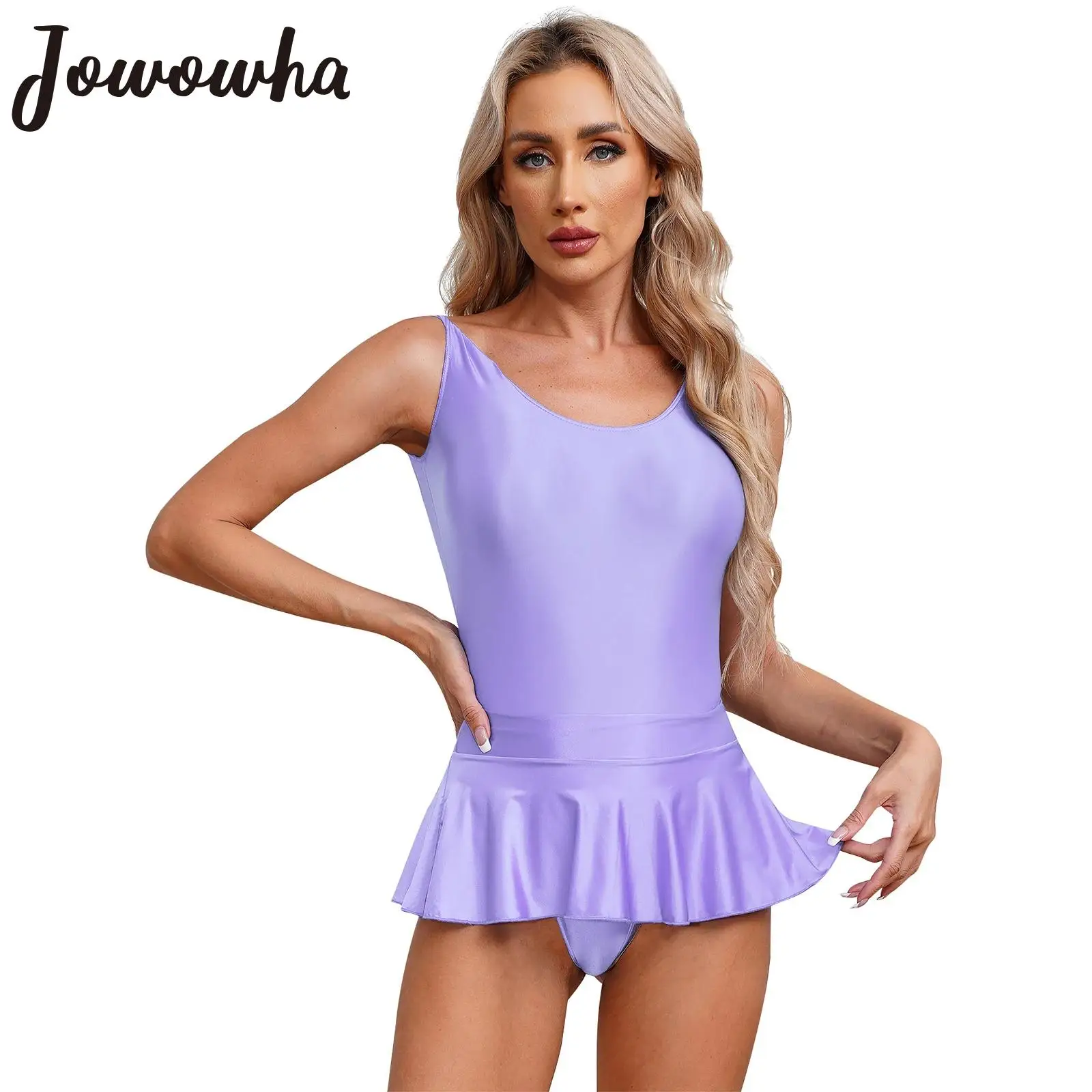 

Womens Glossy Sleeveless High Cut Bodysuit with Low Rise Ruffled Miniskirt Sport Fitness Yoga Beach Pool Party Swimwear Clubwear