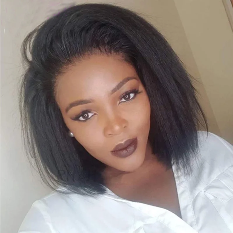 Soft Yaki Preplucked Side/Middle Part Black Color Short 16Inch 180Density Kinky Straight 13x4 Lace Front Wig Synthetic