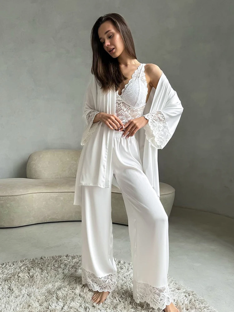 

Hiloc White Women Pants Two Pieces Pajamas Suits Lace-Up Robe ​Wide Legs Pants Lace Ladies Homewear 2024 Casual Ladies Pants Set