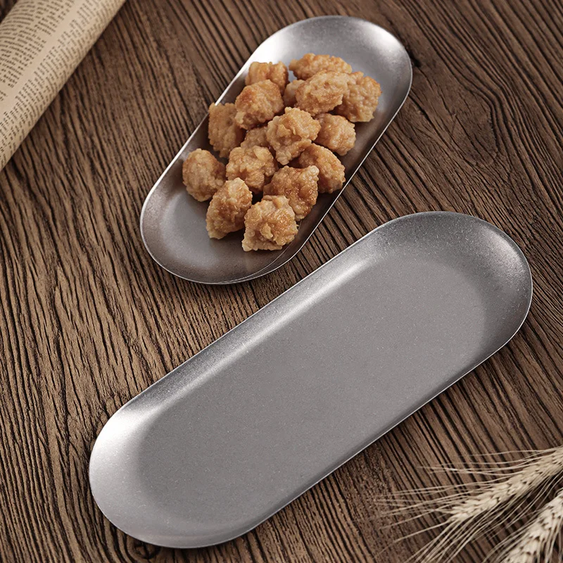 Retro Oval Stainless Steel Plate Thickened Silver Dessert Storage Tray Shallow Dishes Kitchen Tableware 4